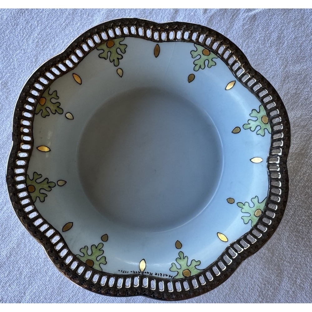 Antique Bavaria Reticulated Hand Painted Blue Bowl signed Hattie Ravbach 1931